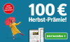 Angebot 100 Euro Herbst Prämie 12 Monate Zeitung gedruckt und digital lesen, Frau mit rotem Schirm und Button Jetzt bestellen