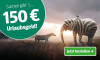 Ein Elefant und ein Zebra stehen in der Landschaft. Werbung für 150 Euro Urlaubsgeld mit dem Text 'Jetzt bestellen' in einer Schaltfläche.