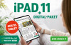 Werbung für iPAD 11 mit Digital-Paket, bietet E-PAPER inklusive NRZ PLUS. Text Gratis Tablet und Jetzt sichern auf grünem Button.
