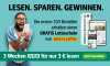 Die Anzeige zeigt einen Mann mit Brille, der aufgeregt einen Lottoschein in der Hand hält. Der Text lautet: Die ersten 333 Kunden erhalten einen Gratis-Lottoschein von WestLotto. Daneben sind Bilder der NRZ in Printform, auf einem Tablet und einem Smartphone zu sehen. Darunter wirbt die Anzeige in Rot und Grün mit 3 Wochen NRZ für nur 3 € und einem Jetzt bestellen-Button.
