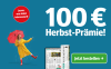Angebot 100 Euro Herbst Prämie 12 Monate Zeitung gedruckt und digital lesen, Frau mit rotem Schirm und Button Jetzt bestellen
