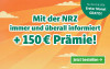Text: Nur bis 25.8.2026: Erster Monat gratis! Mit der WAZ immer und überall informiert + 150€ Prämie! Jetzt bestellen
