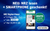 Ein Smartphone zeigt die NRZ App mit dem Angebot 'NEU: NRZ lesen + SMARTPHONE geschenkt!'. 