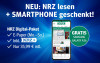 Die Grafik bewirbt die NRZ mit dem Angebot Digital-Paket inkl. ein gratis Samsung Galaxy A36 beim Kauf, alles auf blauem Hintergrund.